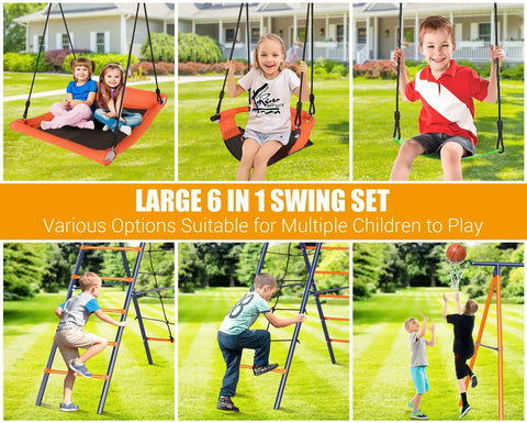 Children playing on Backyard Swing Set With 700 Lb Capacity Six In One Outdoor Kids Playset With Heavy Duty Metal Frame Three Adjustable Swings