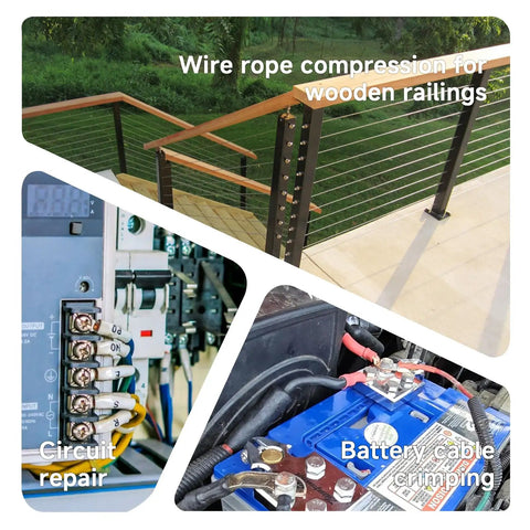Knockout 10 Ton Hydraulic Crimper Kit With Cable Cutter Plus Nine Chromed Hex Dies For Electrical Terminals Wire Rope Brings Dead Nuts Grip And No Sweat Operation used for wire rope compression on wooden railings.
