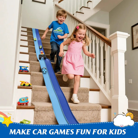 Children playing with Flexible Race Car Track 15 Ft Starter Set With Suction Cups Compatible With Diecast 1/64 Scale Cars on stairs.