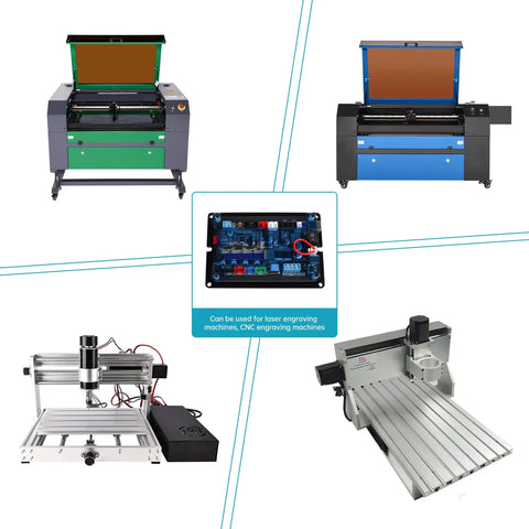 Image showcasing 3 Axis GRBL CNC Engraver Controller Board With 36V DC Input And USB, multiple CNC and laser machines in background.