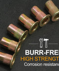 100 Piece Pack Of 10-32 Rivet Nuts Crafted From Heavy Duty Zinc Plated Carbon Steel showing knurled flat head design for a solid grip.