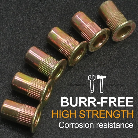 100 Piece Pack Of 10-32 Rivet Nuts Crafted From Heavy Duty Zinc Plated Carbon Steel showing knurled flat head design for a solid grip.