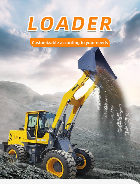 Image of a yellow loader in action with a raised bucket, illustrating the Heavy Duty Skid Steer Loader Attachment Set for heavy construction tasks.