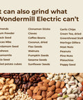 Image showing various types of grains, nuts, and seeds that the Junior Deluxe Hand Crank Grain Mill can grind, including almonds and flax seeds.