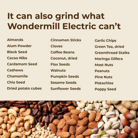 Image showing various types of grains, nuts, and seeds that the Junior Deluxe Hand Crank Grain Mill can grind, including almonds and flax seeds.