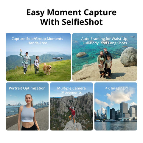 Collage of nature and city landscapes with people using SelfieShot feature to capture moments hands-free, showcasing 4K imaging.