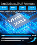 Beefy Fanless Mini Pc Powered By The Snappy Intel Celeron J6413 Chip, showcasing processor details and performance metrics.