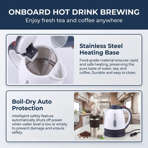 Kickback Ready 24V Car Kettle 1000ML Portable Electric Water Heater For Trucks RVs And Vans brewing fresh coffee and tea in a kitchen.