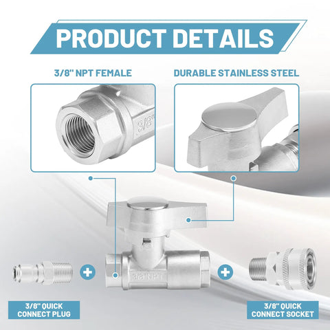 Product details of Beefy 3/8 Inch Quick Connect Ball Valve Kit for Pressure Washer Hose, stainless steel construction, leak proof design.