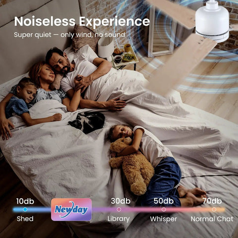 White bedroom with sleeping family and 30 Inch Ceiling Fan With Lights And Remote, 5 Reversible Blades, Quiet DC Motor.