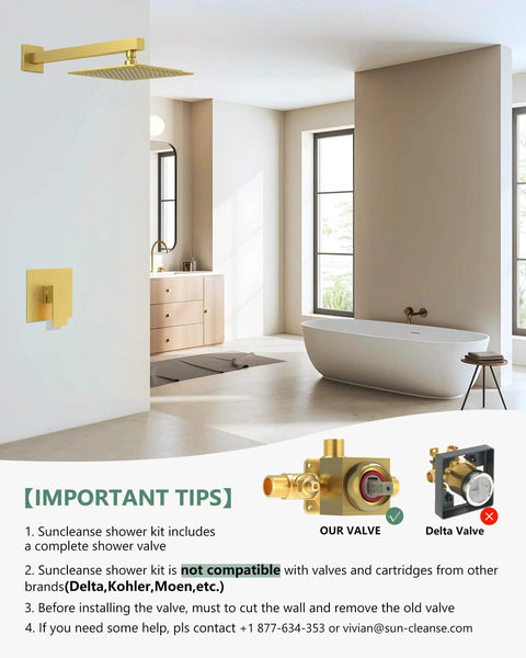 Brushed Gold Three Way Shower Set With Valve 8 Inch Square Shower Head Single Handle Trim Kit in modern bathroom setup