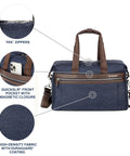 Underseat Carry On Tote Bag For Weekends And Overnight Trips Soft Sided Travel Buddy With Durable DuraGuard Fabric Eco Friendly Lining From Recycled Plastics Leather Accents Water Guard Interior Navy Blue 16.5 Inch with front pocket and YKK zippers.