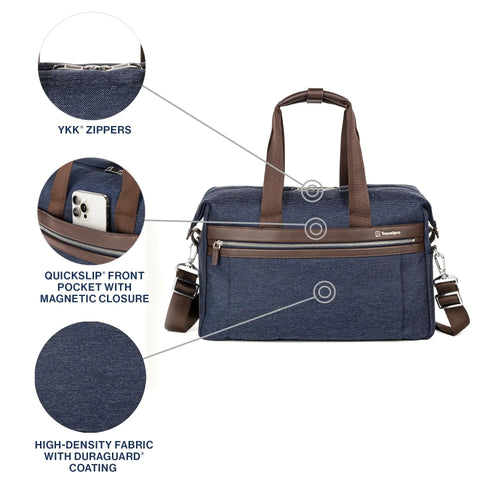 Underseat Carry On Tote Bag For Weekends And Overnight Trips Soft Sided Travel Buddy With Durable DuraGuard Fabric Eco Friendly Lining From Recycled Plastics Leather Accents Water Guard Interior Navy Blue 16.5 Inch with front pocket and YKK zippers.