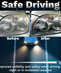 Comparison of headlights before and after using All In One Car Headlight Restoration Kit For Any Vehicle Includes 38 Piece Polishing And Cleaning Set With 3 Inch Discs Sanding Pads Scouring Pads And Drill Compatible Universal Headlight Renewal For Clear Bright Night Driving