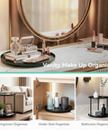 9 Inch Rotating Lazy Susan Organizer Two Tier Metal Spice Rack for tabletop, vanity with cosmetics, and decor items.