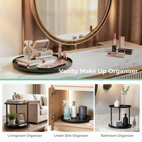 9 Inch Rotating Lazy Susan Organizer Two Tier Metal Spice Rack for tabletop, vanity with cosmetics, and decor items.