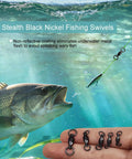 Ball Bearing Swivel Set 46 Piece Black Nickel Finish Barrel Swivels For Trolling And Freshwater Fishing Ultra Smooth 360 Degree Rotation Stainless Steel Bearings Reduces Line Twist And Improves Hookups. Black nickel fishing swivels in hand