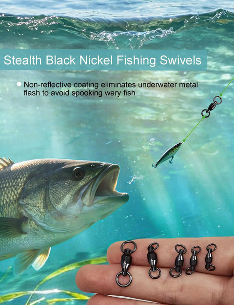 Ball Bearing Swivel Set 46 Piece Black Nickel Finish Barrel Swivels For Trolling And Freshwater Fishing Ultra Smooth 360 Degree Rotation Stainless Steel Bearings Reduces Line Twist And Improves Hookups. Black nickel fishing swivels in hand