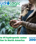 Person holding plant with soil, HydroLogic logo and text '#1 hydroponic water filter in North America' visible in image.
