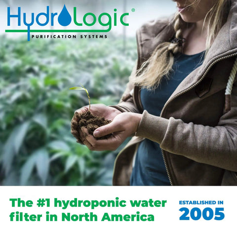 Person holding plant with soil, HydroLogic logo and text '#1 hydroponic water filter in North America' visible in image.
