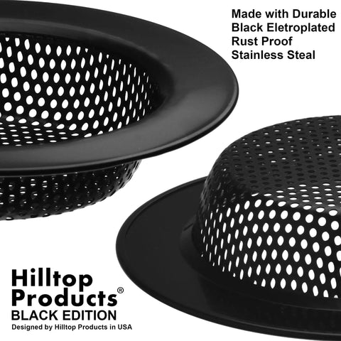 Two Pack Black Stainless Steel Kitchen Sink Drain Strainers With Four Point Five Inch Top And Three Inch Basket Large Food Catcher Durable Electroplated Coating Rust Resistant Built To Last with closeup view of black electroplated rim and perforated basket.