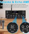 Powerhouse 2 Channel 500W Bluetooth 5.0 Home Audio Amplifier with FM Radio and Microphone Inputs on a wooden shelf