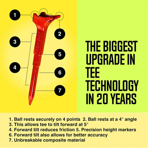 Image of a premium golf tee with reduced spin and low friction for higher launch and longer carry, featuring precision height markers and an unbreakable advanced composite blend, pack of 4, highlighting tee technology upgrades.