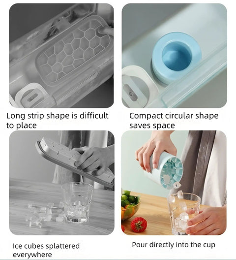 Comparison of ice cube trays with text showing the 3D Upgraded Silicone Ice Cube Tray With Easy Release For Fast Ice 30 Cubes, Leak Proof And Space Saving Freezer Organizer, BPA Free, Ideal For Cocktails Coffee RV Office Parties Includes Travel Ice Bucket Blue versus traditional trays.