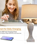 Lit 27-Inch Table Lamps For Living Room Set Of 2 Farmhouse Touch Lamp with USB ports and a woman using a tablet nearby