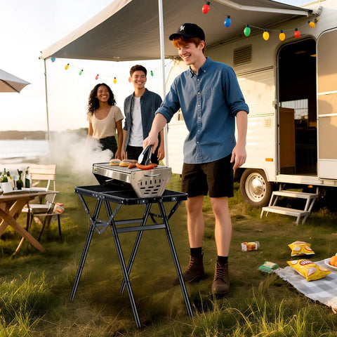 Foldable Grill Table For Camping And BBQ, Heavy Duty 180 Lb Capacity, Two Height Settings Up To 28 Inches, Heat Resistant Tabletop