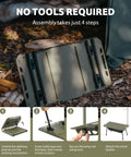 Assembly steps of Grab And Go Tactical Camping Table With Adjustable Height From 14 To 23 Inches, shown in four stages.