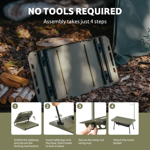 Assembly steps of Grab And Go Tactical Camping Table With Adjustable Height From 14 To 23 Inches, shown in four stages.