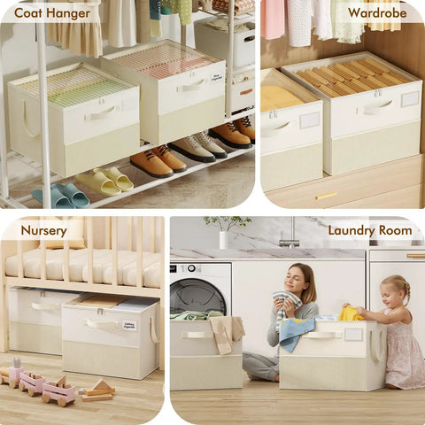 Plus Size 2 Pack Shoe Organizer For Closet Featuring Foldable Fabric Boxes Holds A Massive 24 Pairs Vertically in various room setups.
