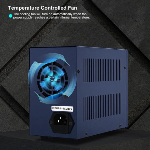 Pro Grade Bench Power Supply With Variable Output From 0 To 32 Volts And 0 To 10 Amps featuring temperature controlled fan