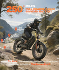 Dual Motor Electric Bike With 5600W Output and 50 MPH Speed riding on rocky terrain, featuring 80V 60Ah battery and rugged design.