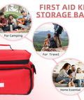 Front view of red ALSLEA first aid bag, 12x9x7 inches, portable medical kit for car, travel, and home.