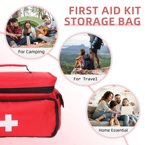 Front view of red ALSLEA first aid bag, 12x9x7 inches, portable medical kit for car, travel, and home.