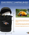 Gas Hauler Pro Kit For Camping And Outdoor Adventures, 5Lb Propane Tank With Built In Gauge, 5Ft Steel Braided Hose, And Insulated Protective Carry Case shown next to camping scene with yellow tent.