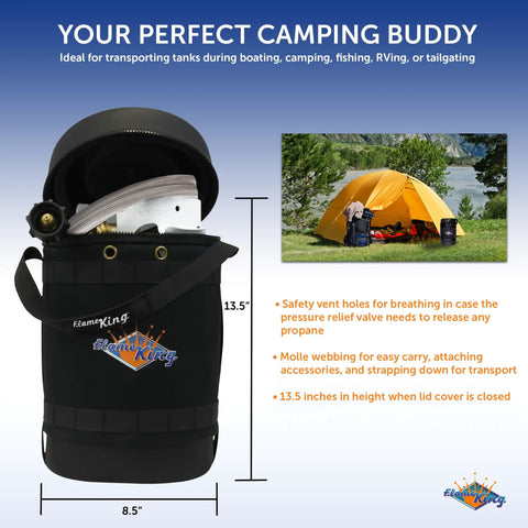 Gas Hauler Pro Kit For Camping And Outdoor Adventures, 5Lb Propane Tank With Built In Gauge, 5Ft Steel Braided Hose, And Insulated Protective Carry Case shown next to camping scene with yellow tent.