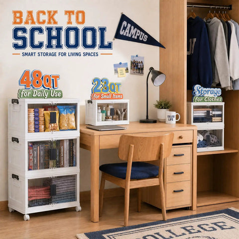 Heavy Duty 144Qt Storage Bins With Lids, Sweet 3 Pack Foldable Stackable Totes With Wheels in college storage setup.