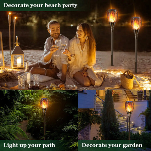 Solar Torch Lights With Realistic Flickering Flame 96 LEDs 43 Inch Outdoor Waterproof Landscape Lights illuminating garden paths