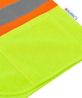 Close-up of Class Two High Visibility Safety Vest Zip Front Two Pockets Lime Mesh, highlighting reflective strips and mesh fabric.