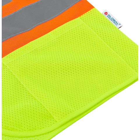 Close-up of Class Two High Visibility Safety Vest Zip Front Two Pockets Lime Mesh, highlighting reflective strips and mesh fabric.