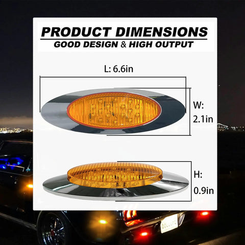 Diagram of 6.6 Inch Oval Amber LED Side Marker Lights Kit showing dimensions and chrome bezel for Truck Trailer RV Van Pickup