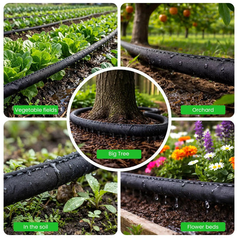 Heavy Duty Thickened Flat Soaker Hose 100Ft With Copper Joint in garden, vegetable fields, orchard, big tree, flower beds