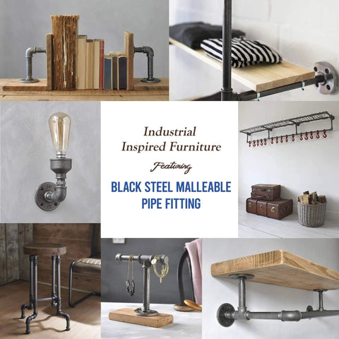 Industrial inspired furniture with black steel malleable pipe fittings for DIY home projects, showcasing shelves and decor.