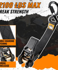 Four Pack Heavy Duty Ratchet Straps Deliver Lockdown Tight Tie Downs For Secure Trailer Hauling 2100 Pound Breaking Strength With Tough As Nails Reinforced Black Webbing And Reliable S Hooks showing strap with double diamond stitching and manual release.