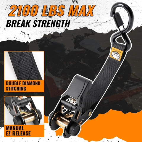 Four Pack Heavy Duty Ratchet Straps Deliver Lockdown Tight Tie Downs For Secure Trailer Hauling 2100 Pound Breaking Strength With Tough As Nails Reinforced Black Webbing And Reliable S Hooks showing strap with double diamond stitching and manual release.