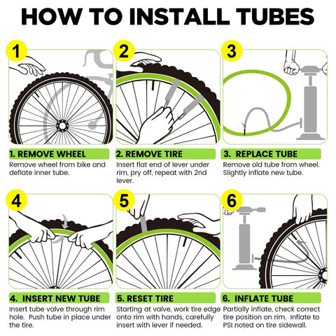 Instructions on how to install bike tubes for Two Pack 26x1.75-2.125 Butyl Bike Tubes With 35mm Schrader Valve Built For MTB Cruisers City And Road Bikes Includes Two Tire Levers Ready To Roll Spare Set For 26 Inch Tires.