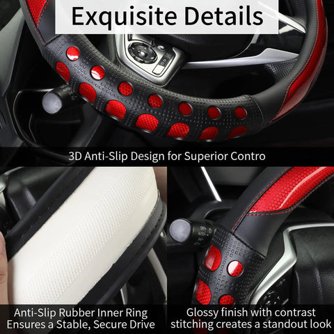Rich Red Nappa Style Leather Steering Wheel Cover With Firm Anti Slip Grip Fits 14.5 To 15 Inch Cars Trucks And Suv Delivers close-up view of anti-slip grip design details
